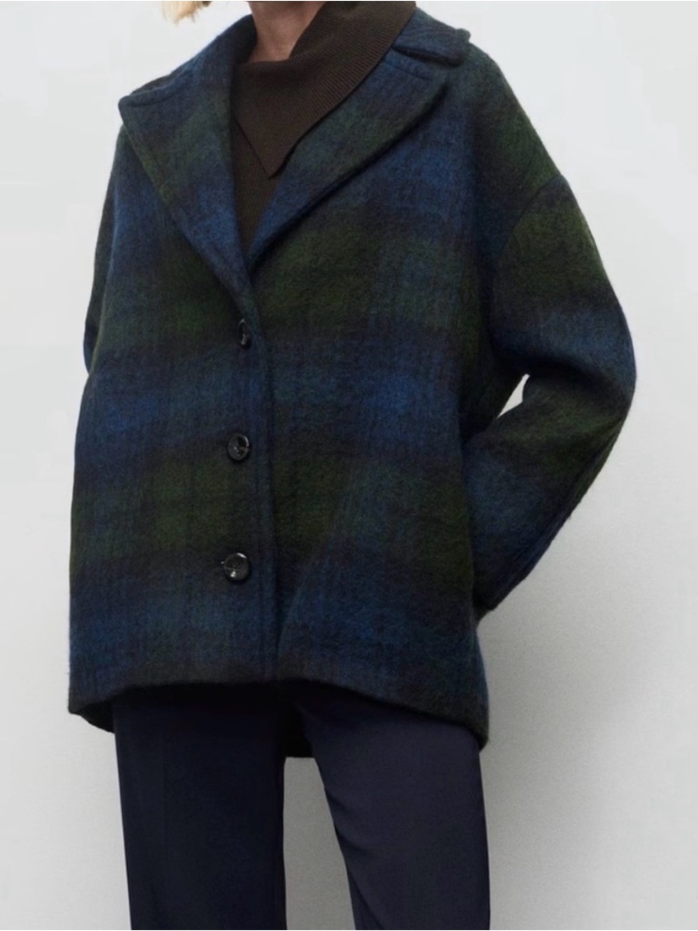 NWT Mango Plaid Wool Blend Button-Up Coat in Navy and Olive- Abrigo Scottish - Picture 3 of 14